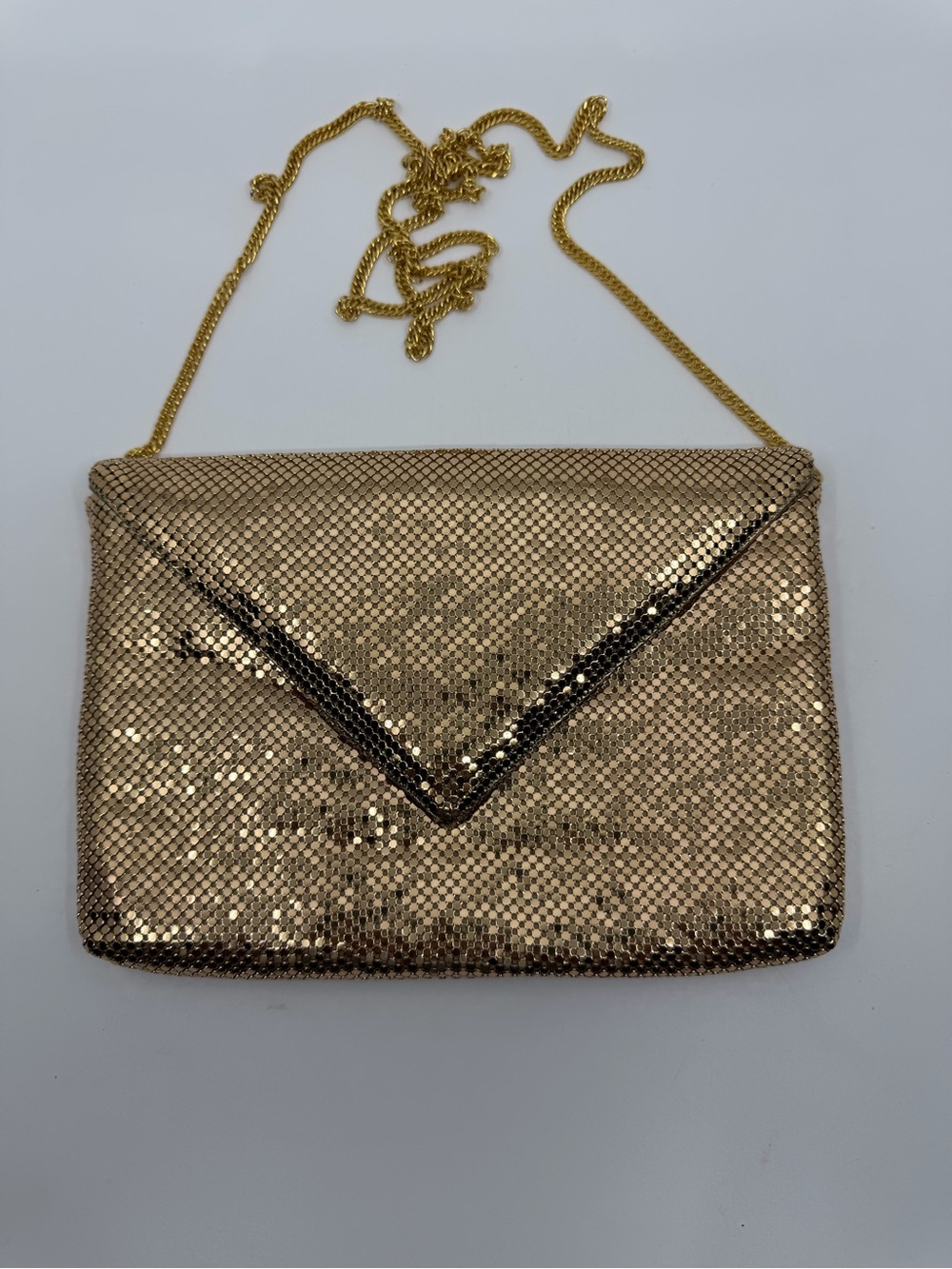 Whiting & Davis Gold Mesh Envelope Shoulder Bag with Chain Strap